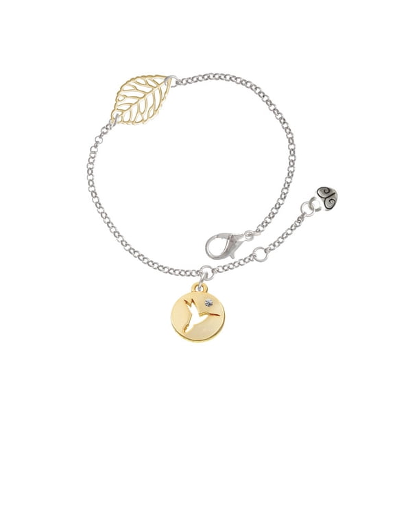 Goldtone Hummingbird Disc - Goldtone Leaf Delicate Bracelet, 6.25+1.75"