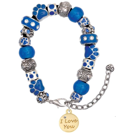 Delight Jewelry Goldtone I Love You Disc Blue Paw Print Bead Bracelet, 7"+2"