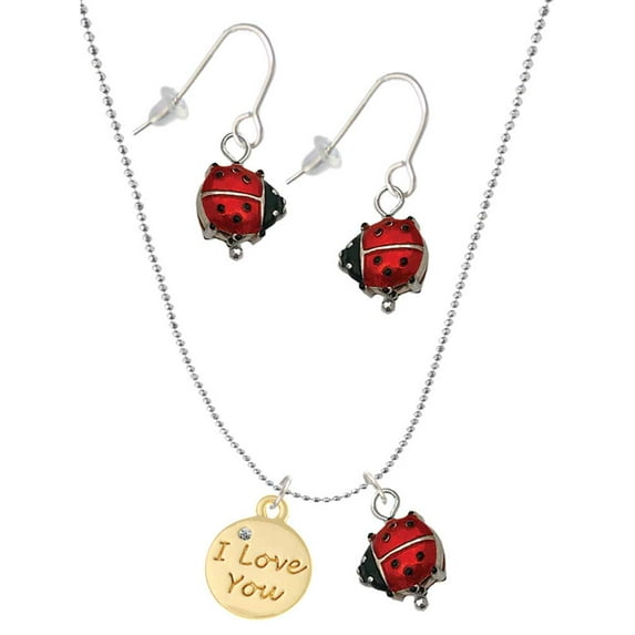 Delight Jewelry Goldtone I Love You Disc Red Lucky Ladybug Necklace and Dangle Earrings Set