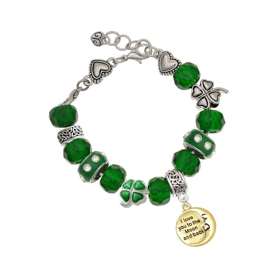 Delight Jewelry Goldtone I Love You to the Moon and Back - Green Irish Luck Bead Charm Bracelet, 7.5"