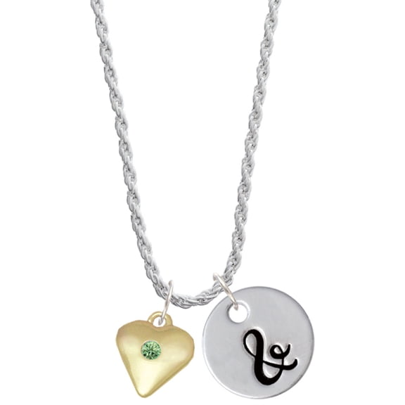 Delight Jewelry Goldtone Large August - Lime Green Crystal Heart Silvertone Script Initial Disc - & - Charm Necklace, 20"+3"