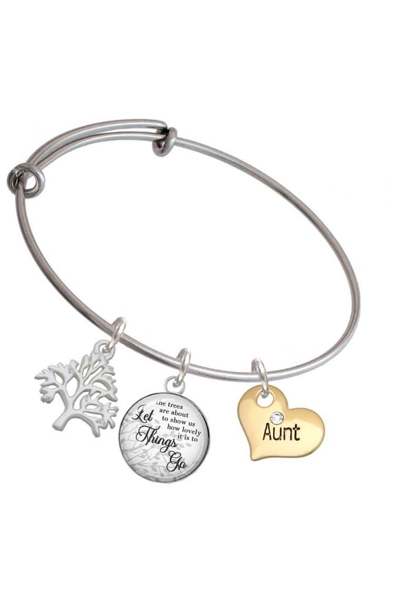 Goldtone Large Aunt Heart with Crystal - Silvertone Let Things Go Tree Charm Bangle Bracelet
