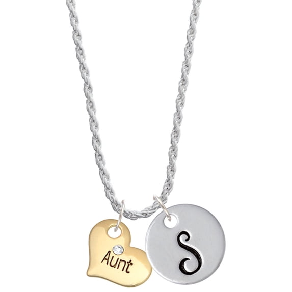 Delight Jewelry Goldtone Large Aunt Heart with Crystal - Silvertone Script Initial Disc - S - Charm Necklace, 20"+3"