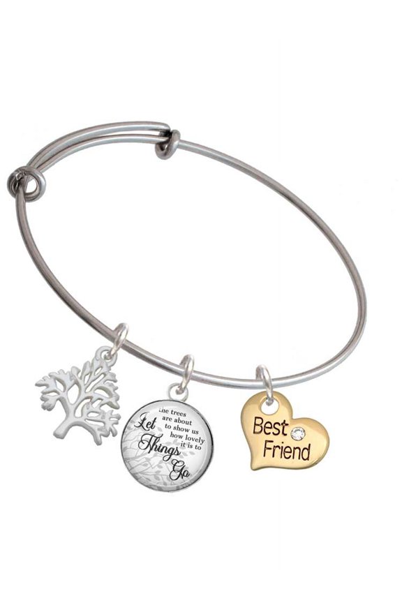 Goldtone Large Best Friend Heart with Crystal - Silvertone Let Things Go Tree Charm Bangle Bracelet