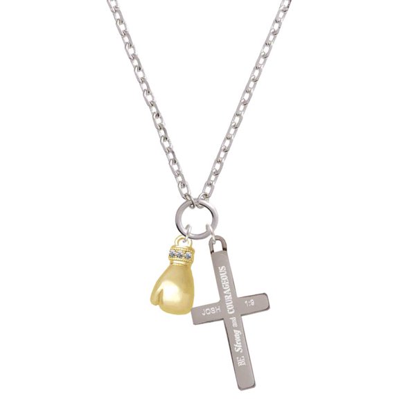 Delight Jewelry Goldtone Large Boxing Glove Be Strong and Courageous Engraved Cross Zoey Necklace, 28"