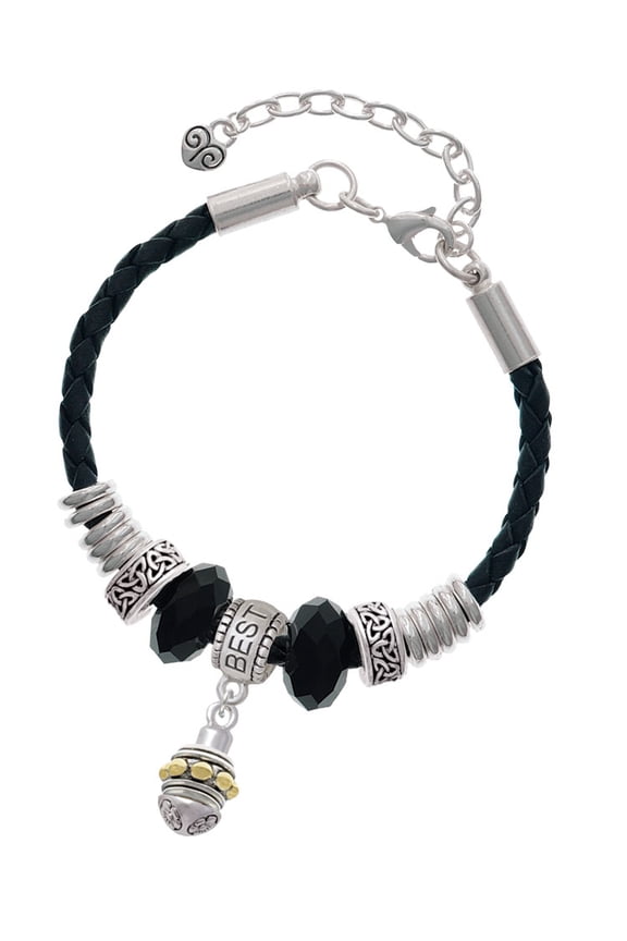 Goldtone Large Bullets on Silvertone Spinner Best Friend Celtic Knot Leather Bead Bracelet, 7"+2" Extender