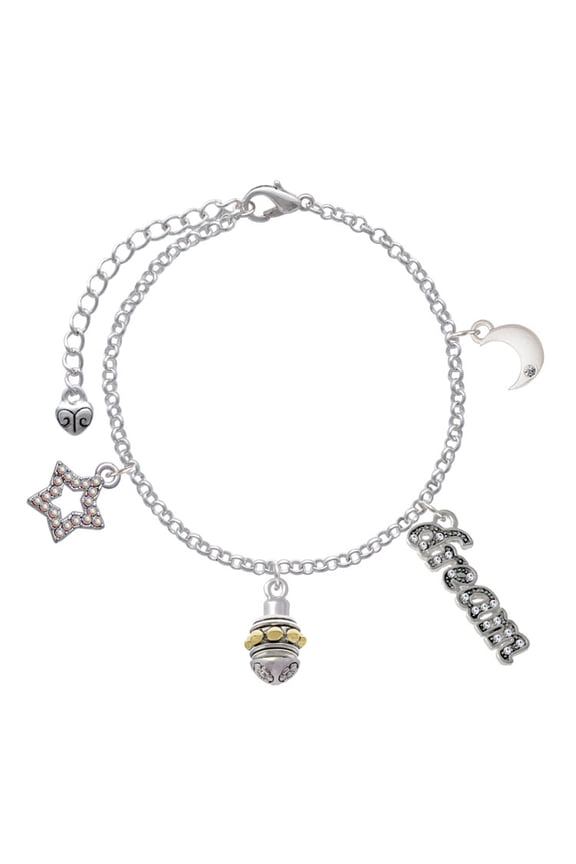 Goldtone Large Bullets on Silvertone Spinner Silvertone Dream Big Charm Bracelet, 7.5+2" Extender
