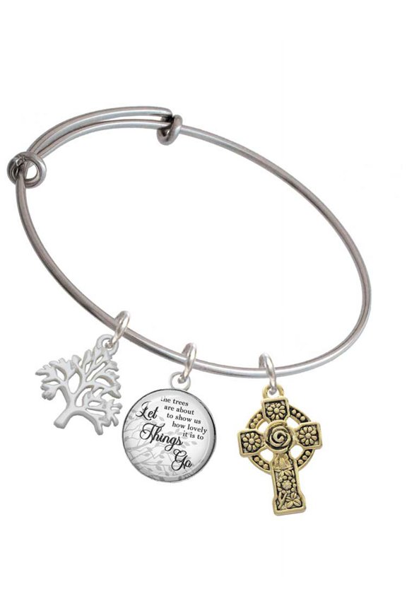 Goldtone Large Celtic Cross Silvertone Let Things Go Tree Charm Bangle Bracelet