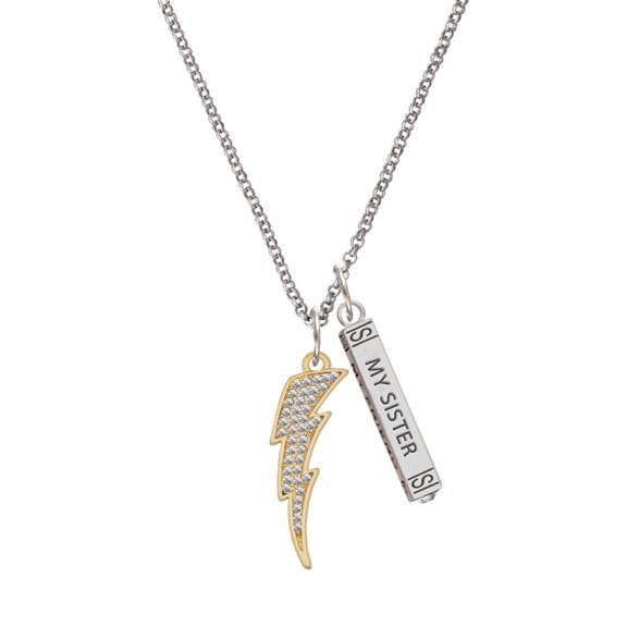 Delight Jewelry Goldtone Large Clear Crystal Lightning Bolt Silvertone Always My Sister Bar Charm Necklace, 23"