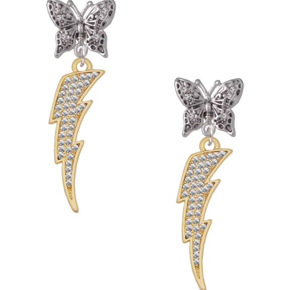 Delight Jewelry Goldtone Large Clear Crystal Lightning Bolt Silvertone Antiqued Butterfly Post Earrings