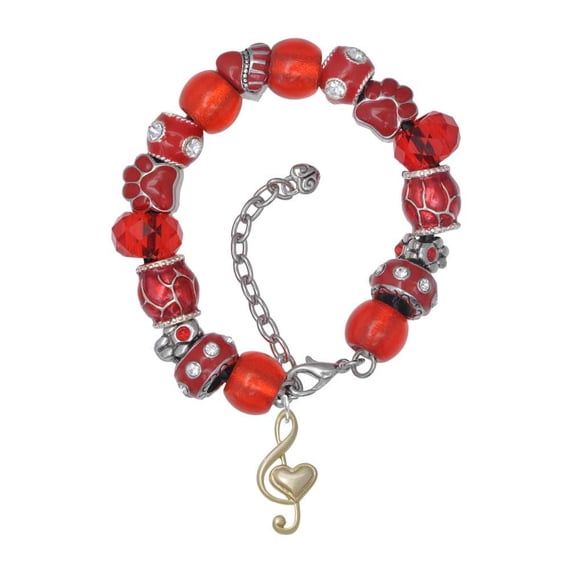 Delight Jewelry Goldtone Large Clef with Heart Red Paw Print Bead Bracelet, 7"+2"