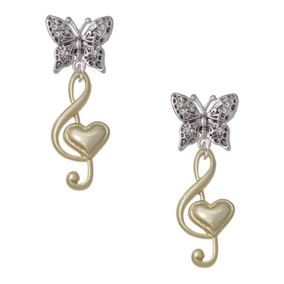 Delight Jewelry Goldtone Large Clef with Heart Silvertone Antiqued Butterfly Post Earrings