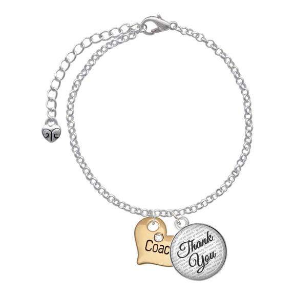 Delight Jewelry Goldtone Large Coach Heart with Crystal - Domed Thank You Charm Bracelet, 6"+2"