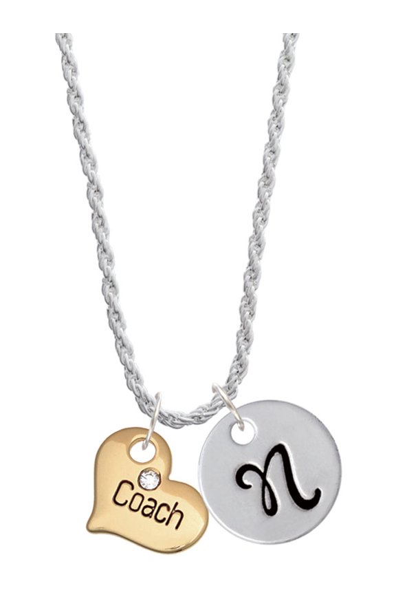 Goldtone Large Coach Heart with Crystal - Silvertone Script Initial Disc - N - Charm Necklace, 20"+3"