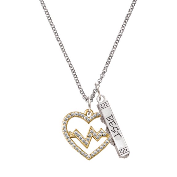 Delight Jewelry Goldtone Large Crystal Heart - Heartbeat Silvertone Best Friends Forever Bar Charm Necklace, 23"
