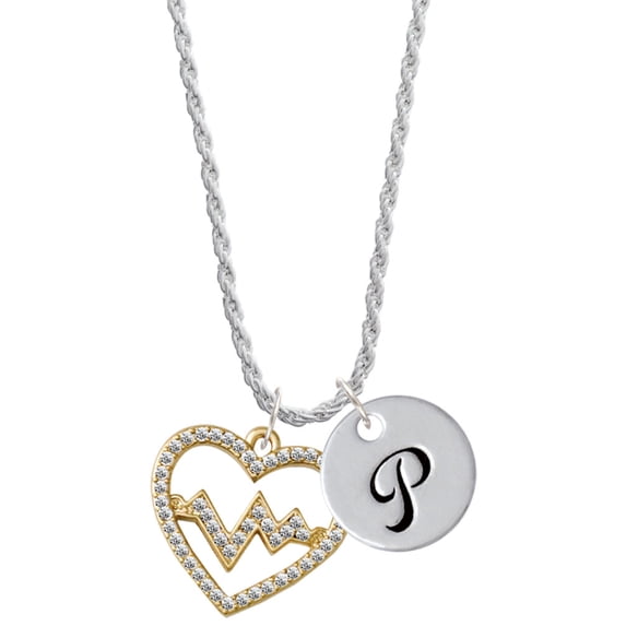 Delight Jewelry Goldtone Large Crystal Heart - Heartbeat Silvertone Script Initial Disc - P - Charm Necklace, 20"+3"