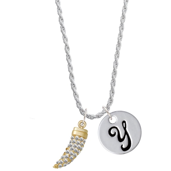 Delight Jewelry Goldtone Large Crystal Sabre Tooth Silvertone Script Initial Disc - Y - Charm Necklace, 20"+3"