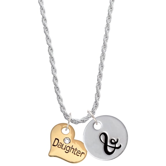 Delight Jewelry Goldtone Large Daughter Heart with Crystal - Silvertone Script Initial Disc - & - Charm Necklace, 20"+3"