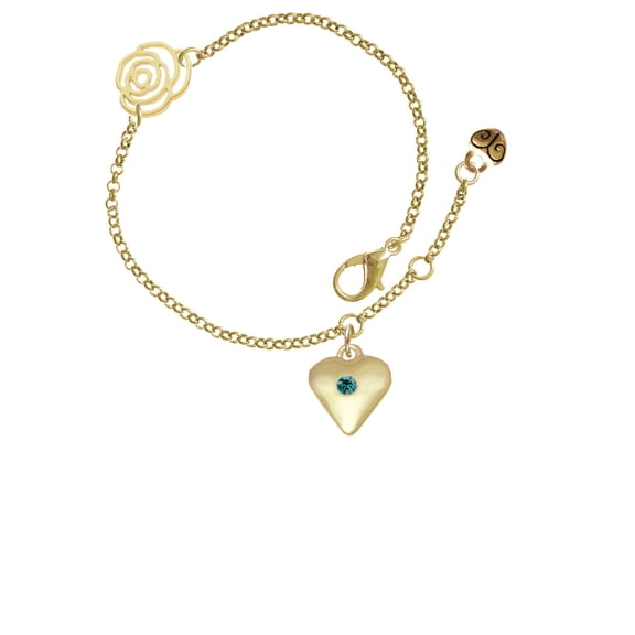 Delight Jewelry Goldtone Large December - Teal Crystal Heart Gold-tone Rose Link Chain Bracelet, 6.25"+1.75" Extender