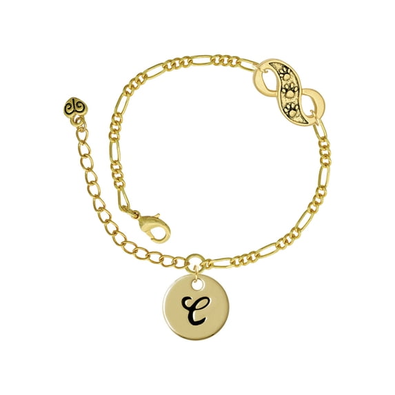 Delight Jewelry Goldtone Large Disc Letter - C - 3/4'' Gold-tone Paw Infinity Link Chain Bracelet, 6"+2" Extender