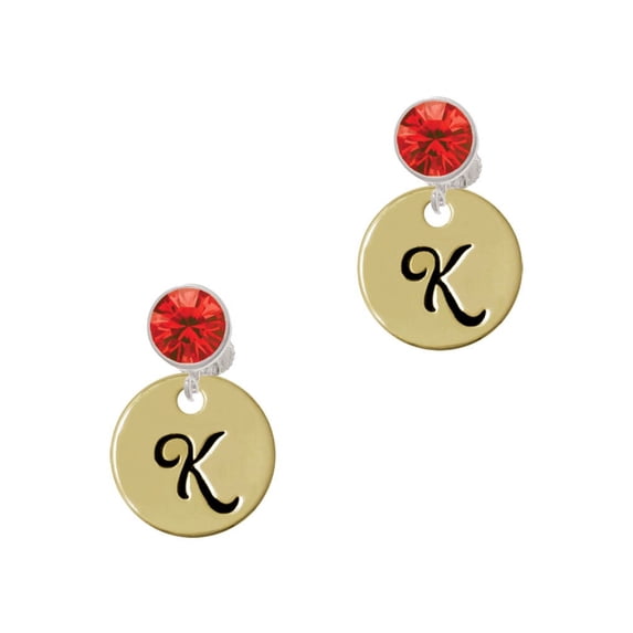 Delight Jewelry Goldtone Large Disc Letter - K - 3/4'' Red Crystal Clip on Earrings