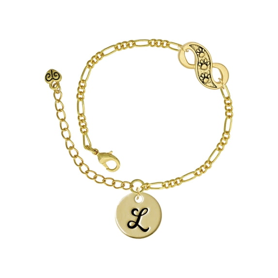 Delight Jewelry Goldtone Large Disc Letter - L - 3/4'' Gold-tone Paw Infinity Link Chain Bracelet, 6"+2" Extender