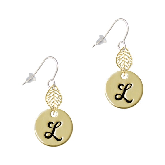 Delight Jewelry Goldtone Large Disc Letter - L - 3/4'' Goldtone Leaf French Earrings