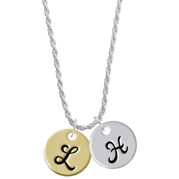 Delight Jewelry Goldtone Large Disc Letter - L - 3/4'' Silvertone Script Initial Disc - H - Charm Necklace, 20"+3"