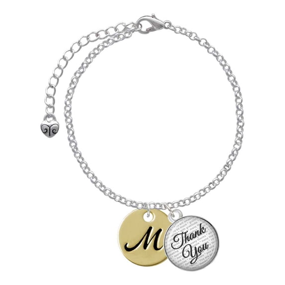 Delight Jewelry Goldtone Large Disc Letter - M - 3/4'' - Domed Thank You Charm Bracelet, 6"+2"