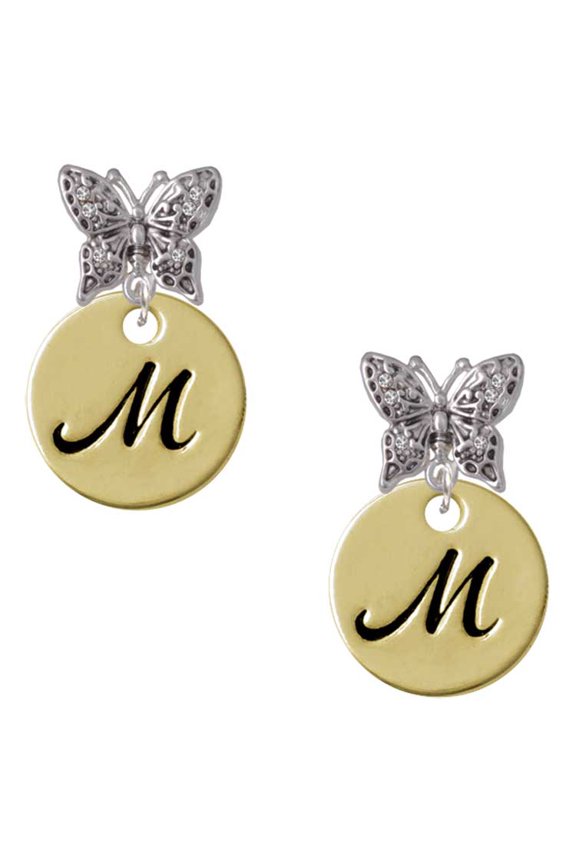 Goldtone Large Disc Letter - M - 3/4'' Silvertone Antiqued Butterfly Post Earrings