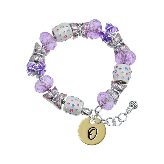 Delight Jewelry Goldtone Large Disc Letter - O - 3/4'' Purple Butterfly Bead Charm Bracelet, 7"+1" Extender