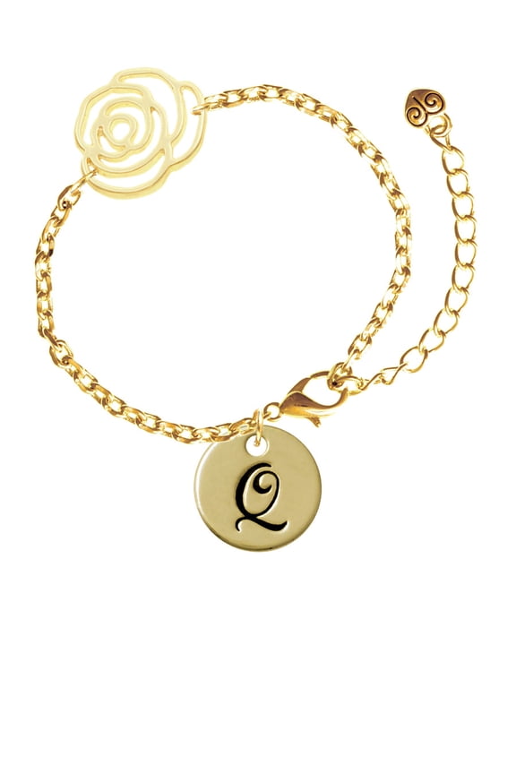 Goldtone Large Disc Letter - Q - 3/4'' Gold-tone Flower Link Chain Bracelet, 6.75"+2" Extender