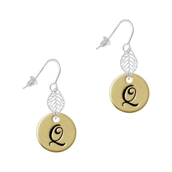 Delight Jewelry Goldtone Large Disc Letter - Q - 3/4'' Silvertone Leaf French Earrings