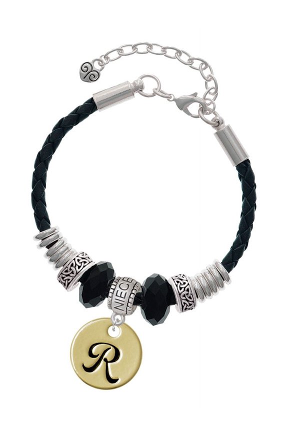 Goldtone Large Disc Letter - R - 3/4'' Niece Celtic Knot Leather Bead Bracelet, 7"+2" Extender