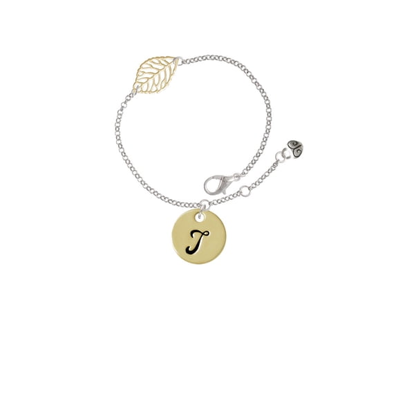 Delight Jewelry Goldtone Large Disc Letter - T - 3/4'' - Goldtone Leaf Delicate Bracelet, 6.25+1.75"