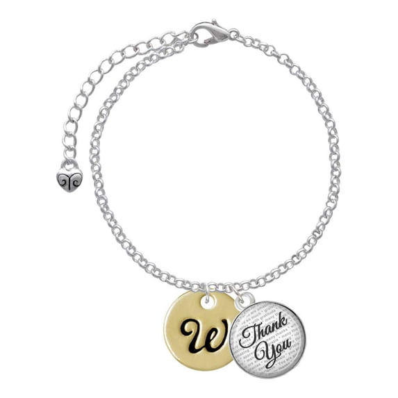 Delight Jewelry Goldtone Large Disc Letter - W - 3/4'' - Domed Thank You Charm Bracelet, 6"+2"