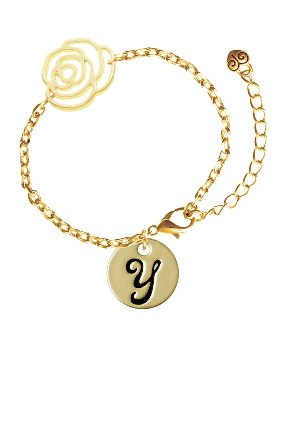 Goldtone Large Disc Letter - Y - 3/4'' Gold-tone Flower Link Chain Bracelet, 6.75"+2" Extender