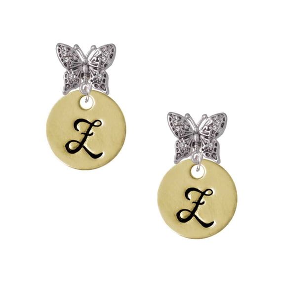 Delight Jewelry Goldtone Large Disc Letter - Z - 3/4'' Silvertone Antiqued Butterfly Post Earrings