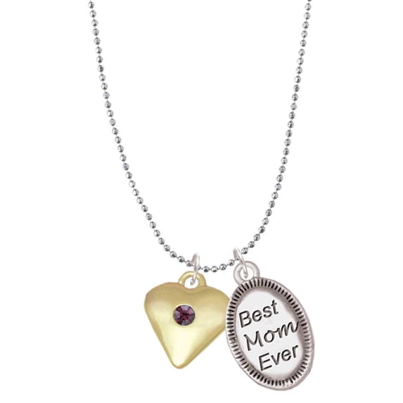 Delight Jewelry Goldtone Large February - Purple Crystal Heart Best Mom Ever Charm Necklace