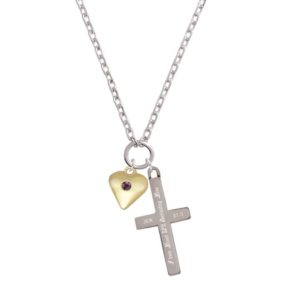 Delight Jewelry Goldtone Large February - Purple Crystal Heart Everlasting Love Engraved Cross Zoey Necklace, 28"