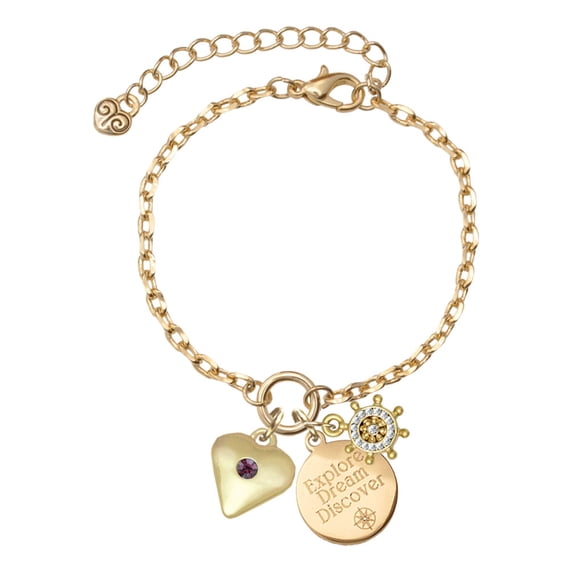 Delight Jewelry Goldtone Large February - Purple Crystal Heart Goldtone Discover Dream Explore Zoey Charm Bracelet, 6.5+2" Extender