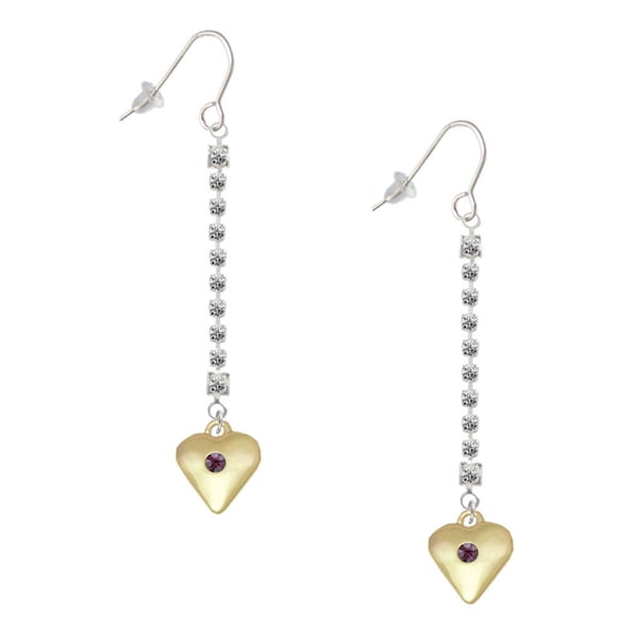 Delight Jewelry Goldtone Large February - Purple Crystal Heart - Silver-tone Long Sparkle Dangle French Earrings
