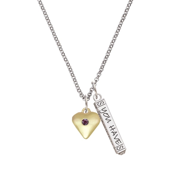 Delight Jewelry Goldtone Large February - Purple Crystal Heart Silvertone Live the Life You Have Imagined Bar Charm Necklace, 23"