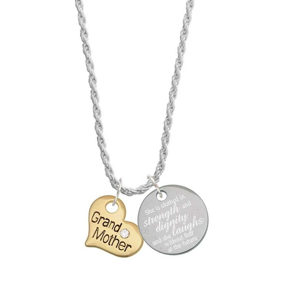Delight Jewelry Goldtone Large Grandmother Heart with Crystal - She is Clothed in Stength and Dignity Charm Necklace, 20"+3"