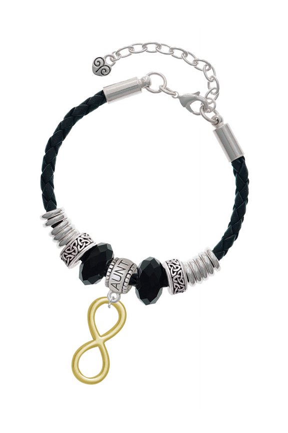 Goldtone Large Infinity Sign Aunt Celtic Knot Leather Bead Bracelet, 7"+2" Extender