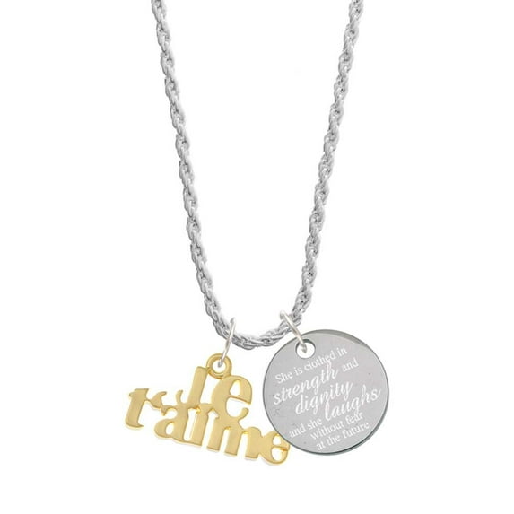 Delight Jewelry Goldtone Large Je T'aime She is Clothed in Stength and Dignity Charm Necklace, 20"+3"