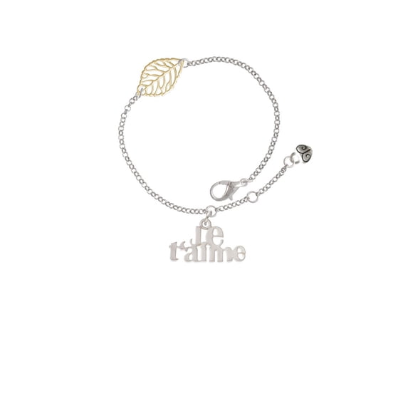 Delight Jewelry Goldtone Large Je T'aime - Silvertone Leaf Delicate Bracelet, 6.25+1.75"