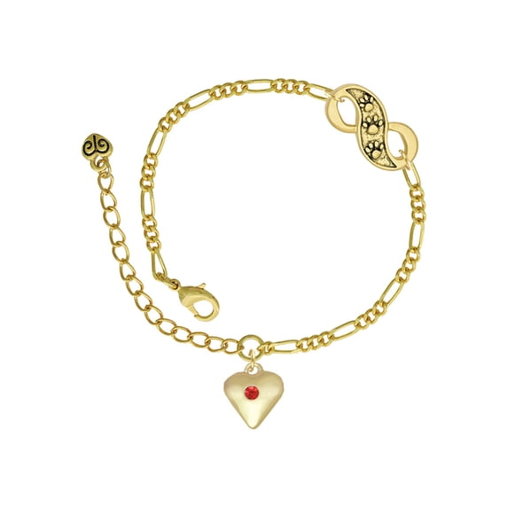 Delight Jewelry Goldtone Large July - Red Crystal Heart Gold-tone Paw Infinity Link Chain Bracelet, 6"+2" Extender