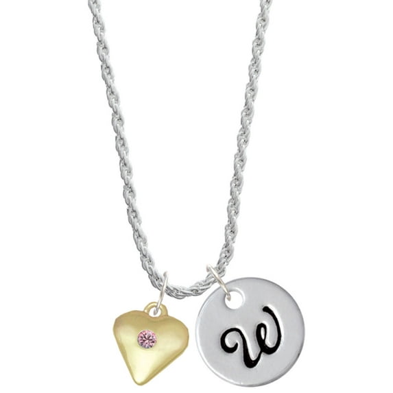 Delight Jewelry Goldtone Large Light Pink Crystal Heart Silvertone Script Initial Disc - W - Charm Necklace, 20"+3"