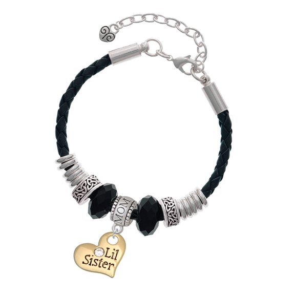 Delight Jewelry Goldtone Large Lil Sister Heart with Clear Crystal - Mom Celtic Knot Leather Bead Bracelet, 7"+2" Extender